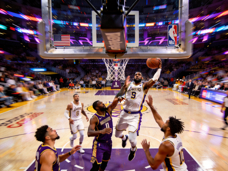 NBA 篮球比赛现场，球员在篮下进攻的瞬间