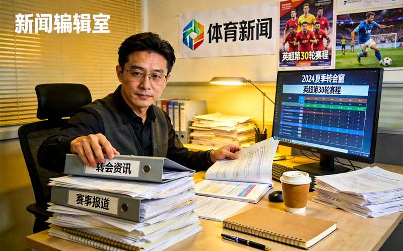 体育新闻编辑部场景，记者整理转会资讯与赛事报道